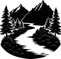 A black and white silhouette illustration of a river and trees vector