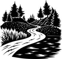 A black and white silhouette illustration of a river and trees vector