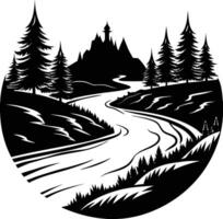 A black and white silhouette illustration of a river and trees vector