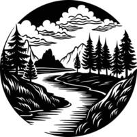 A black and white silhouette illustration of a river and trees vector