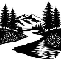 A black and white silhouette illustration of a river and trees vector