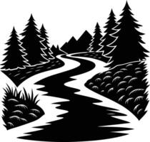 A black and white silhouette illustration of a river and trees vector