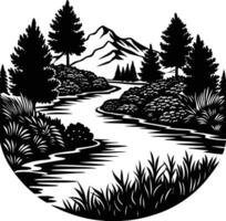 A black and white silhouette illustration of a river and trees vector