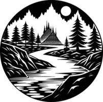 A black and white silhouette illustration of a river and trees vector
