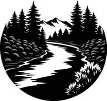 A black and white silhouette illustration of a river and trees vector