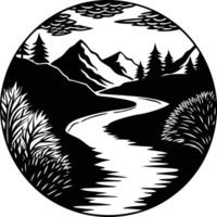 A black and white silhouette illustration of a river and trees vector