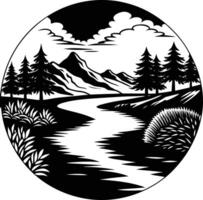 A black and white silhouette illustration of a river and trees vector