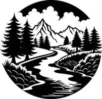 A black and white silhouette illustration of a river and trees vector