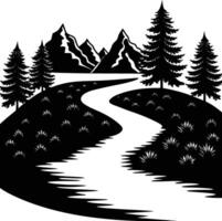 A black and white silhouette illustration of a river and trees vector
