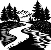 A black and white silhouette illustration of a river and trees vector