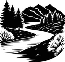 A black and white silhouette illustration of a river and trees vector