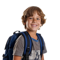 A school-aged boy with a backpack, smiling confidently, isolated on a transparent background png