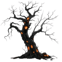 A spooky dead tree with glowing orange lights, casting eerie shadows isolated on a transparent background png