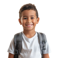A school-aged boy with a backpack, smiling confidently, isolated on a transparent background png