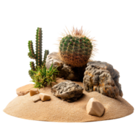A single tumbleweed rolling through a sandy desert, with cactuses and rocks scattered around isolated on a transparent background png