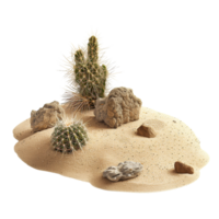 A single tumbleweed rolling through a sandy desert, with cactuses and rocks scattered around isolated on a transparent background png