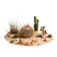 A single tumbleweed rolling through a sandy desert, with cactuses and rocks scattered around isolated on a transparent background png