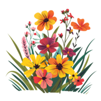 A vibrant bunch of flowers with clearly distinguishable blooms and grass, showcasing bright and dark sides, vectorized and flattened, isolated on a transparent background png