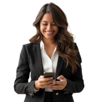 A professional portrait of a beautiful American woman in business attire, smiling while using her smartphone isolated on a transparent background png
