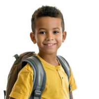 A school-aged boy with a backpack, smiling confidently, isolated on a transparent background png