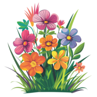 A vibrant bunch of flowers with clearly distinguishable blooms and grass, showcasing bright and dark sides, vectorized and flattened, isolated on a transparent background png