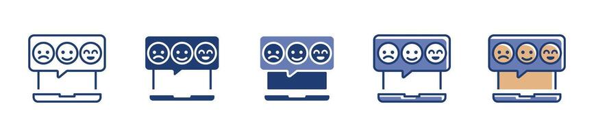Feedback or review satisfaction evaluation icon collection with technology laptop app or web signs with emoticon face expression vector