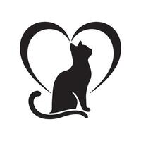 A large heart shape containing the silhouette of a cat sitting and gazing upwards vector