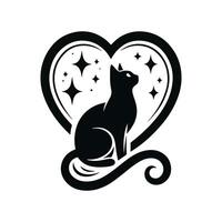 A large heart shape containing the silhouette of a cat sitting and gazing upwards vector