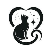 A large heart shape containing the silhouette of a cat sitting and gazing upwards vector