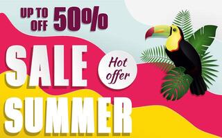 Colorfull summer sale banner with tropical plants and toucan. vector
