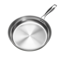 A stainless steel frying pan with a polished surface isolated on a transparent background png
