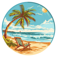 A colorful image of a Florida beach with gentle waves, a swaying palm tree, and a beach chair basking in sunlight, isolated on a transparent background png
