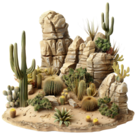 A barren African desert scene featuring tumbleweeds, various cactuses, and rocky outcrops isolated on a transparent background png