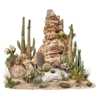 A barren African desert scene featuring tumbleweeds, various cactuses, and rocky outcrops isolated on a transparent background png