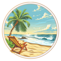 A colorful image of a Florida beach with gentle waves, a swaying palm tree, and a beach chair basking in sunlight, isolated on a transparent background png