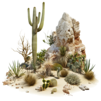 A barren African desert scene featuring tumbleweeds, various cactuses, and rocky outcrops isolated on a transparent background png