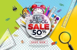 Back to School Sale Design with Colorful Pencil, Alarm Clock, Brush and other Learning Items on Abstract Background. Illustration with Special Offer Typography Elements for Coupon, Voucher vector