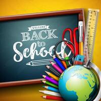 Back to school design with globe, magnifying glass, scissors, ruler and typography letter on yellow background. education concept illustration with chalkboard for greeting card, banner, flyer vector
