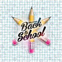 Back to school design with colorful pencil and ltypography letter on square grid booklet background. education concept illustration for greeting card, banner, flyer, invitation, brochure or vector