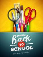 Back to school design with colorful pencil, magnifying glass, scissors, ruler and typography letter on yellow background. illustration with education elements for greeting card, banner, flyer vector