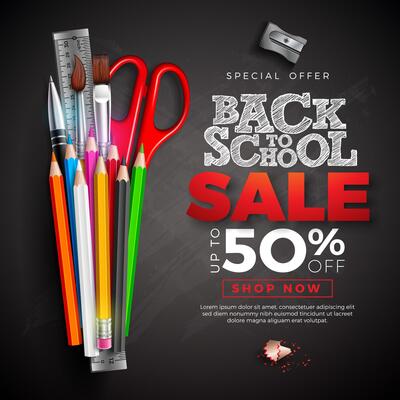 Back to School Sale Design with Colorful Pencil, Brush and Text Written with Chalk on Chalkboard Background. Illustration with Special Offer Typography Elements for Coupon, Voucher, Banner