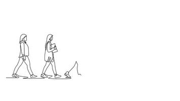 Self drawing animation of single line draw of group urban male and female commuters walking every day on city road go to the office. Urban commuter workers. Continuous line draw. Full length animated video