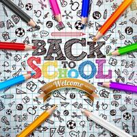 Back to school design with colorful pencil and typography letter on square grid booklet background. education concept illustration with hand drawn doodles for greeting card, banner, flyer vector