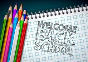 Back to school design with colorful pencil and typography letter on square grid booklet background. education concept illustration for greeting card, banner, flyer, invitation, brochure or vector