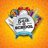 Back to school design with colorful pencil, scissors, ruler and typography letter on yellow background. illustration with education elements and hand drawn doodles for greeting card, banner vector