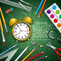 Back to school design with yellow alarm clock and typography on green chalkboard background. illustration with education elements for greeting card, banner, flyer, invitation, brochure or vector