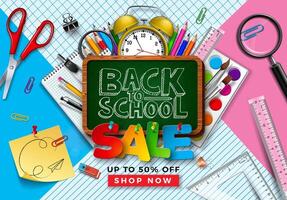 Back to School Sale Design with Colorful Pencil, Brush, Chalkboard and Other Learning Items on Square Grid and Line Background. Illustration with Special Offer Typography Elements for Coupon vector