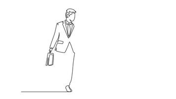 Animated self drawing of continuous line draw of young businessmen walking together colleague on city street discussing work to go to the office. Urban commuter workers. Full length one line animation video