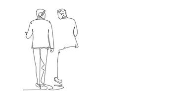 Animated self drawing of continuous line draw back view of businessman and business woman walking together to meeting room to present their partner project proposal. Full length single line animation video