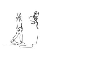 Self drawing animation of single line draw of group urban male and female commuters walking every day on city road go to the office. Urban commuter workers. Continuous line draw. Full length animated video